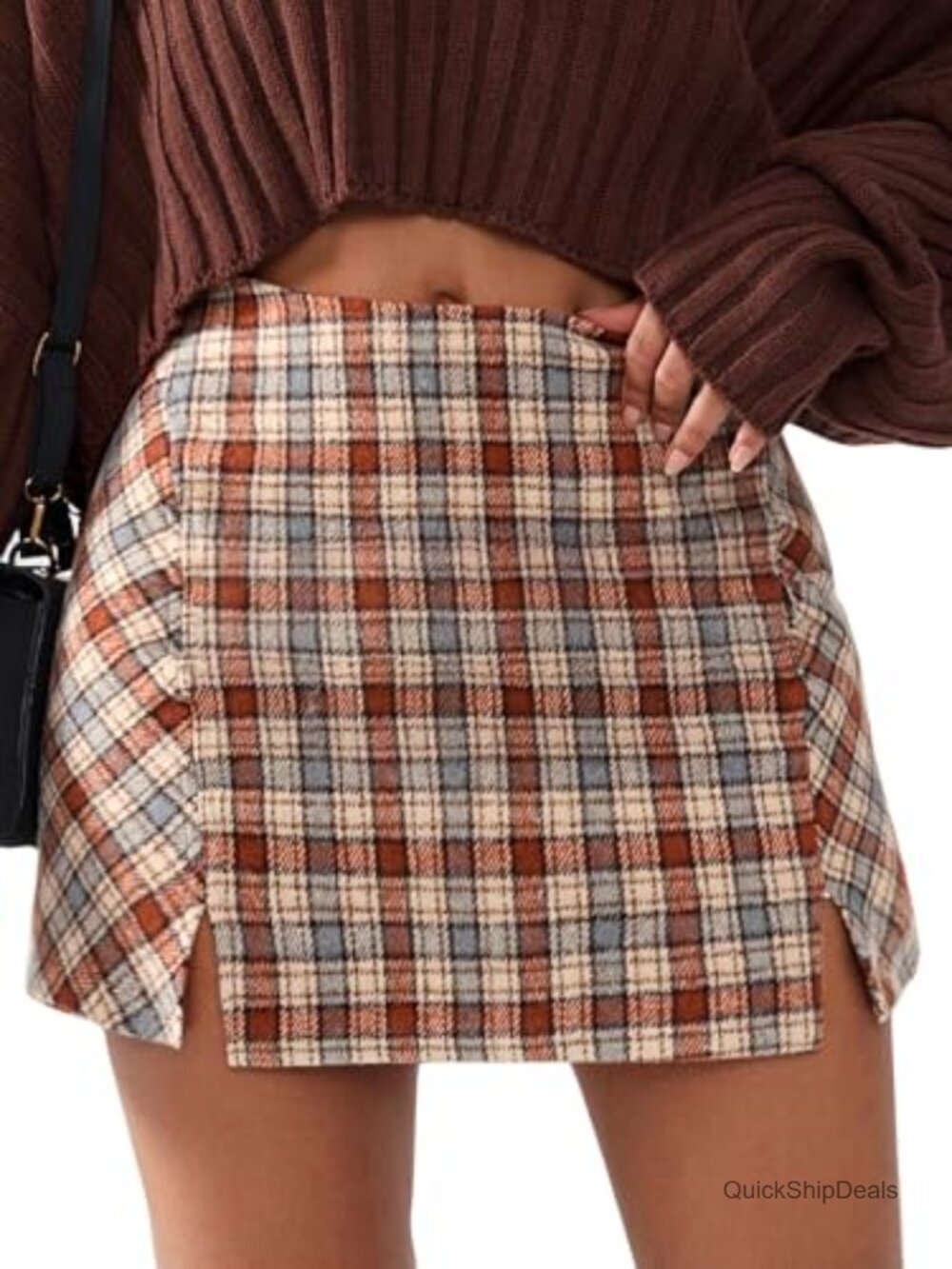 Faux Wool Plaid High Waisted Bodycon Mini Skirt with Side Slits